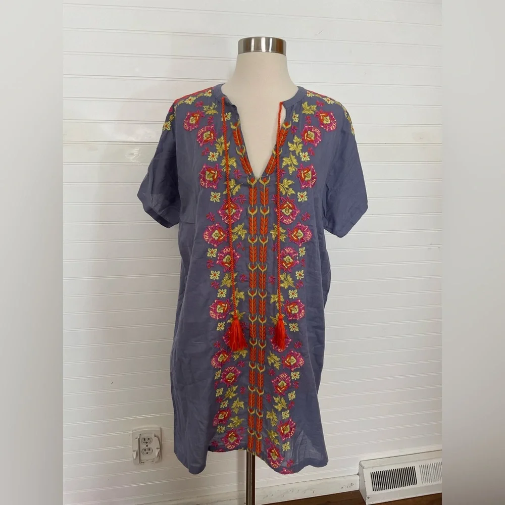 Natural Life Boho Blue Embroidered Shift Dress NWT Size Medium 100% Cotton - Picture 3 of 8